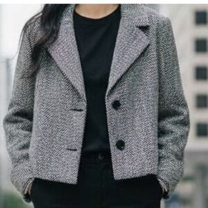 ANNE KLEIN Black& White Herringbone Tweed Wool Blend Classic Cropped Blazer Sz 8